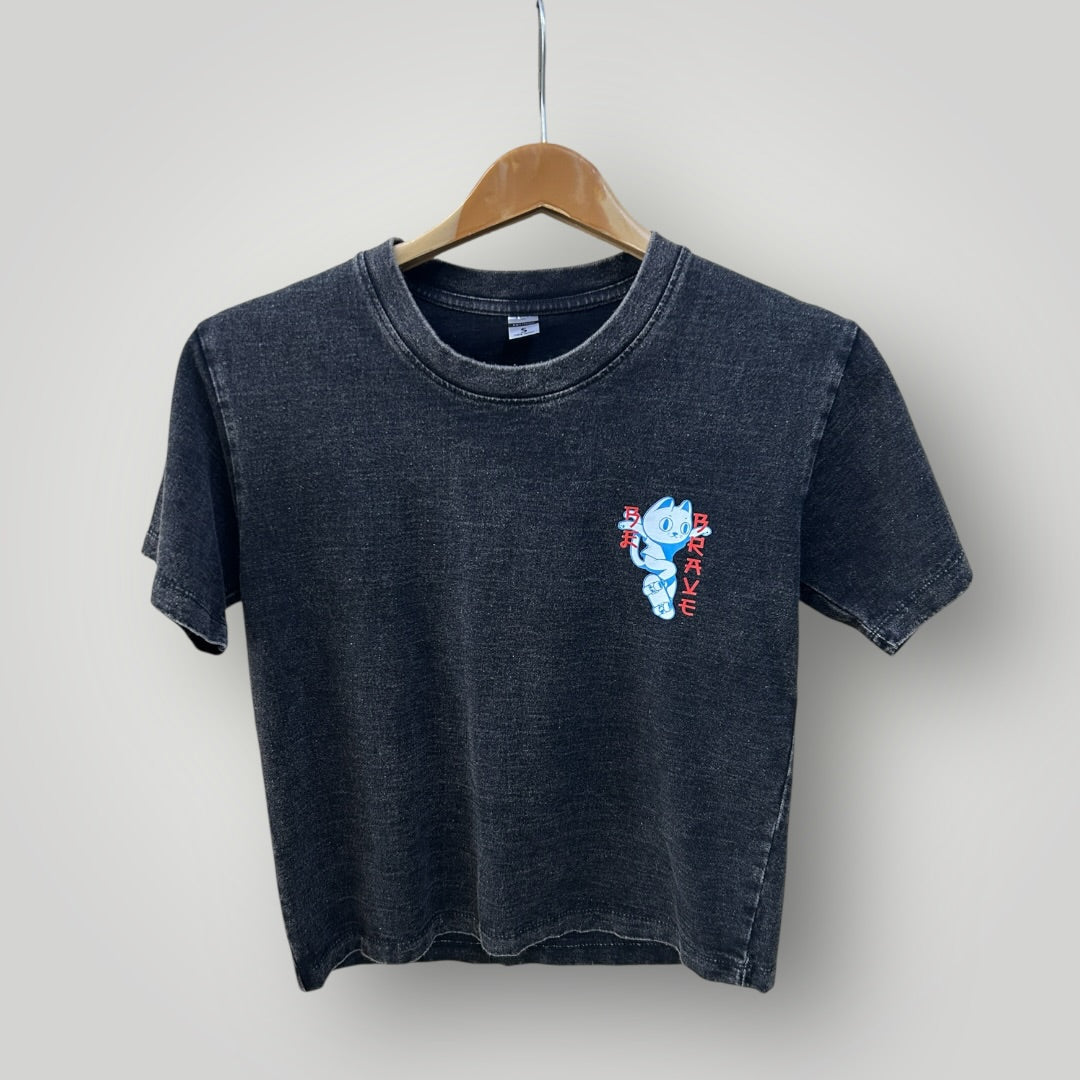 Japan Top T-shirt Skateboard Cat Acid Wash Black