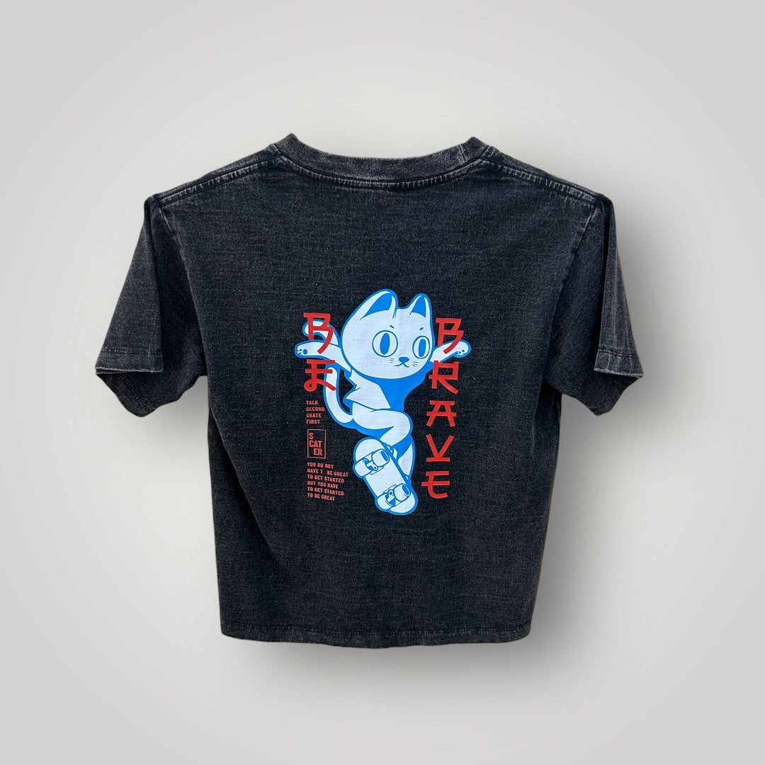 Japan Top T-shirt Skateboard Cat Acid Wash Black