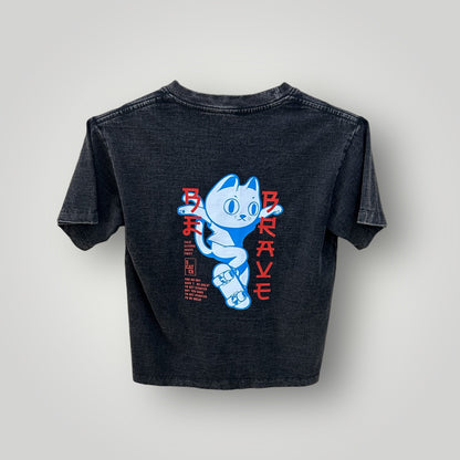 Japan Top T-shirt Skateboard Cat Acid Wash Black