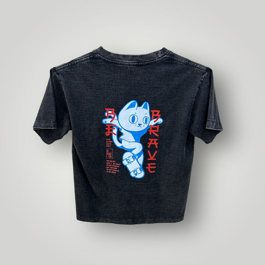 Japan Top T-shirt Skateboard Cat Acid Wash Black