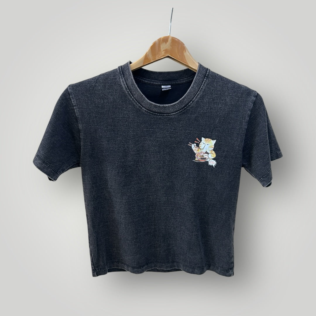 Japan Top T-shirt Noodle Cat Acid Wash Black