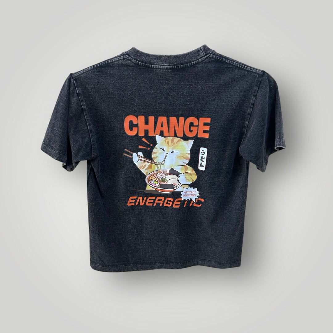 Japan Top T-shirt Noodle Cat Acid Wash Black