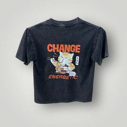 Japan Top T-shirt Noodle Cat Acid Wash Black