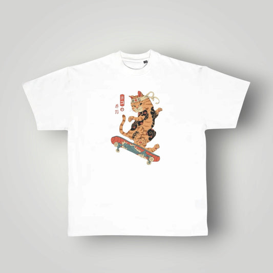 T-shirt Skateboarding Cat blanc